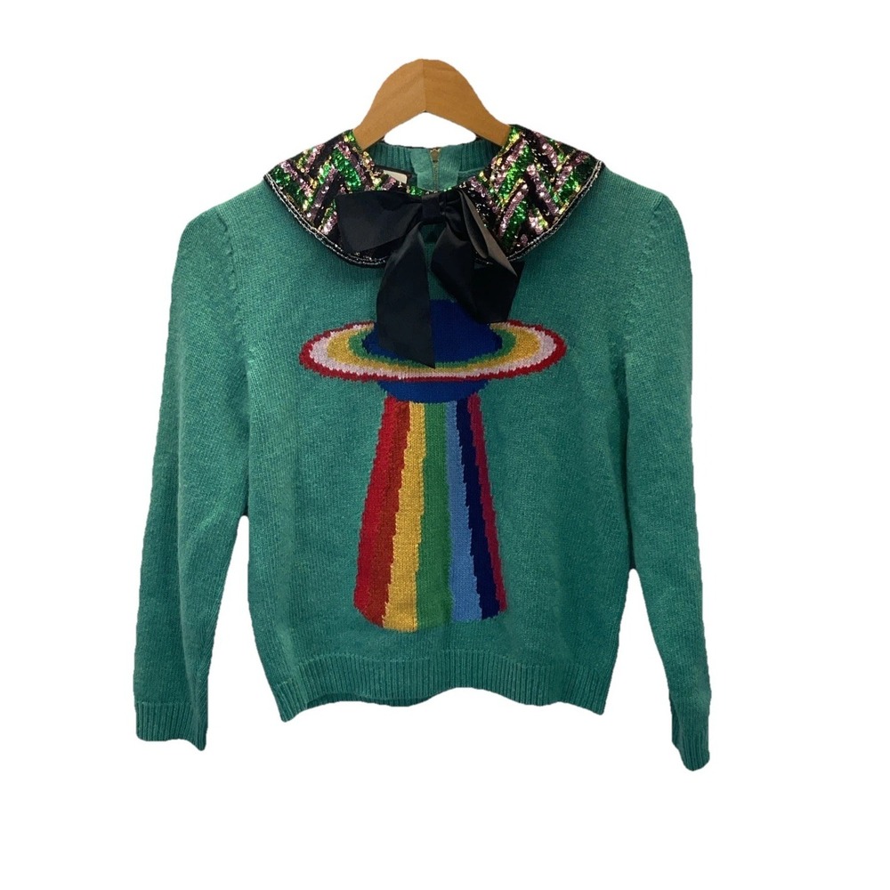 Gucci Wool Sequin Collar‎ Bow UFO Green Womens Sweater Sz S Super Rare Gorgeous